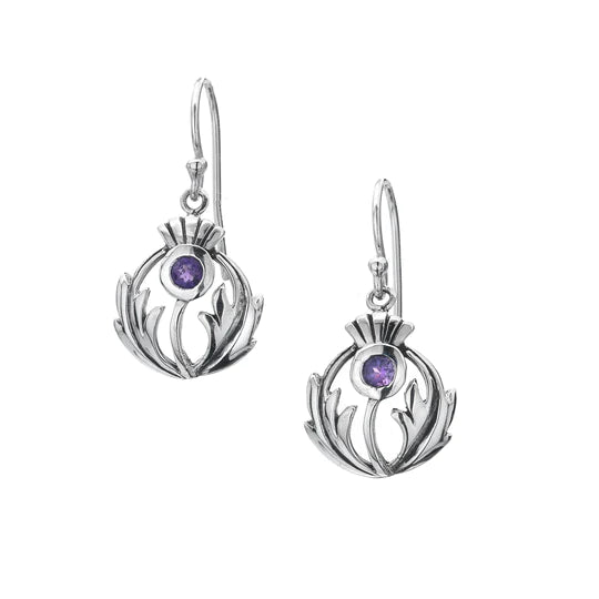Celtic Lands Thistle Round Silver/Amethyst Drop Earrings