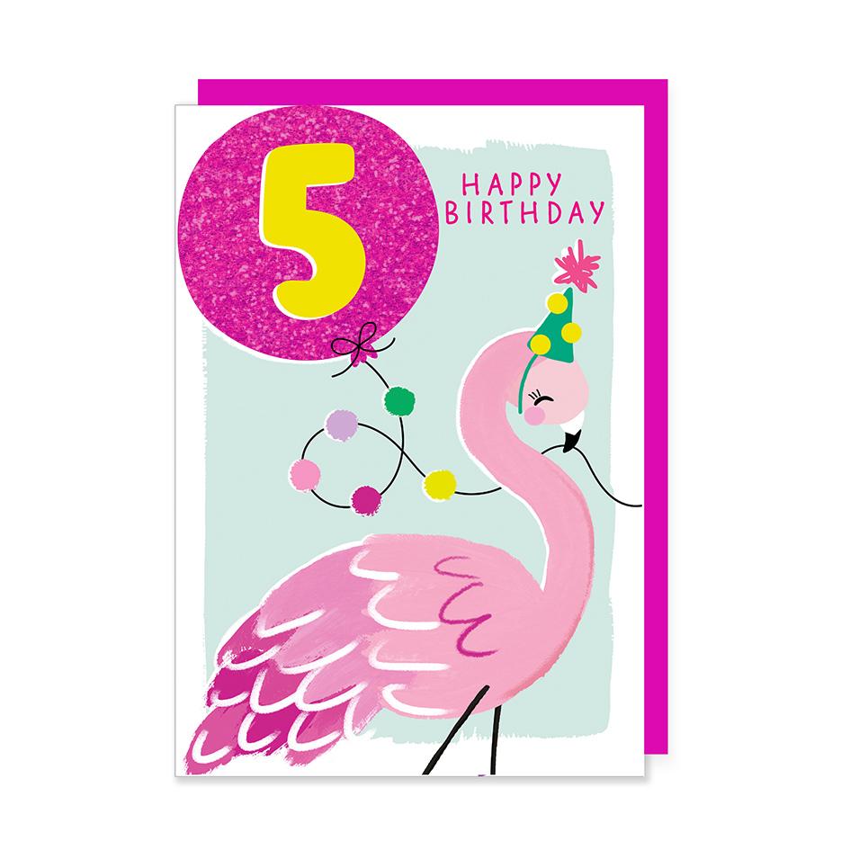 Card: 5 Birthday Flamingo
