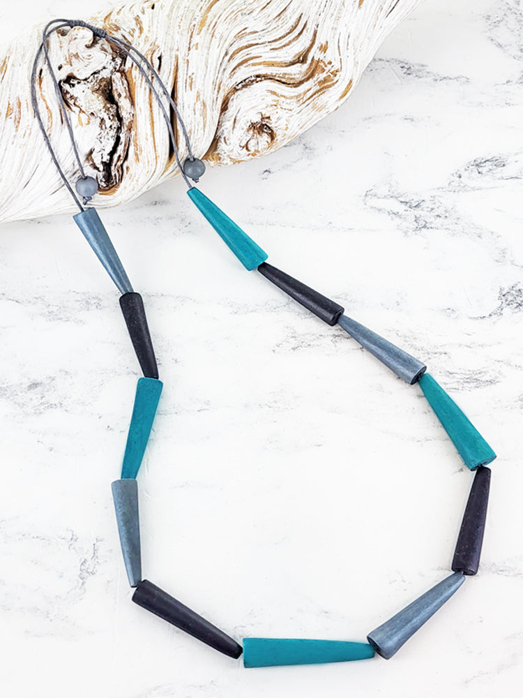 Suzie Blue - Blue Wooden Stacked Cone Necklace