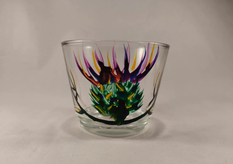 Hand-Painted Purple Thistle Glass Tealight Holder - Coorie Doon
